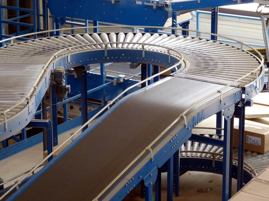 A roller conveyor line on a factory floor